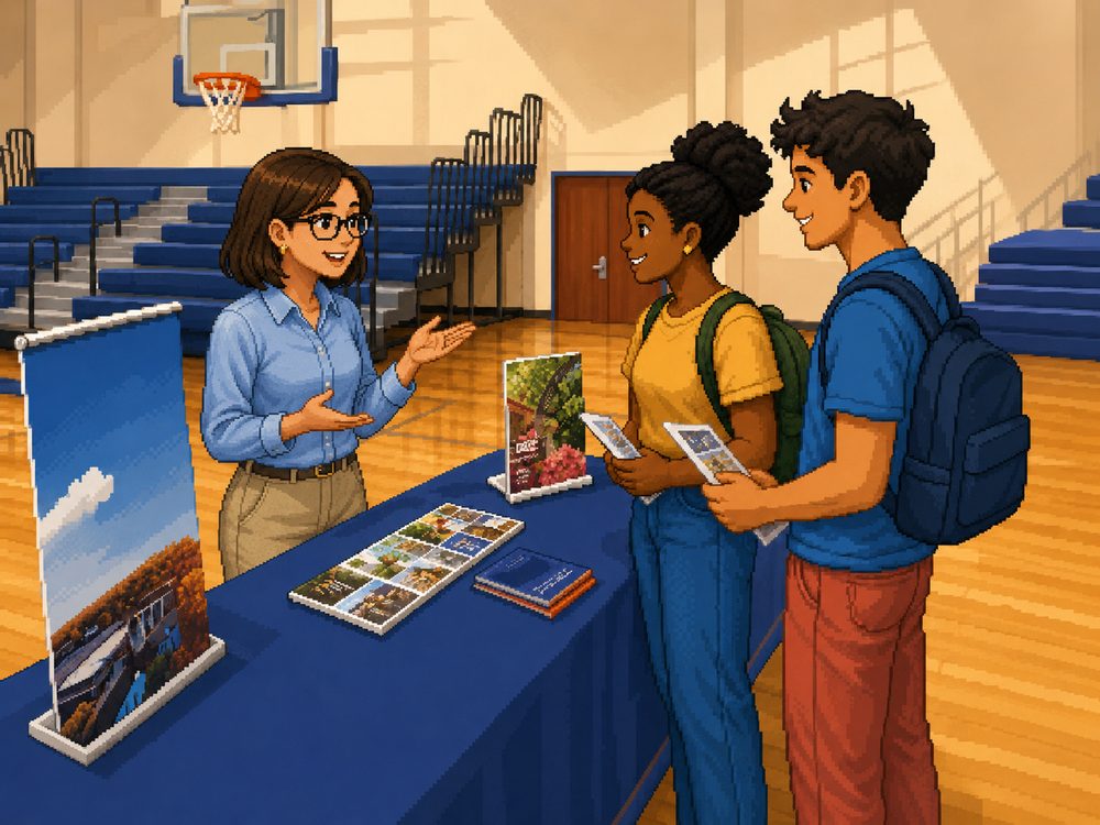 An admissions officer speaking with two students at a college fair table in a school gymnasium.