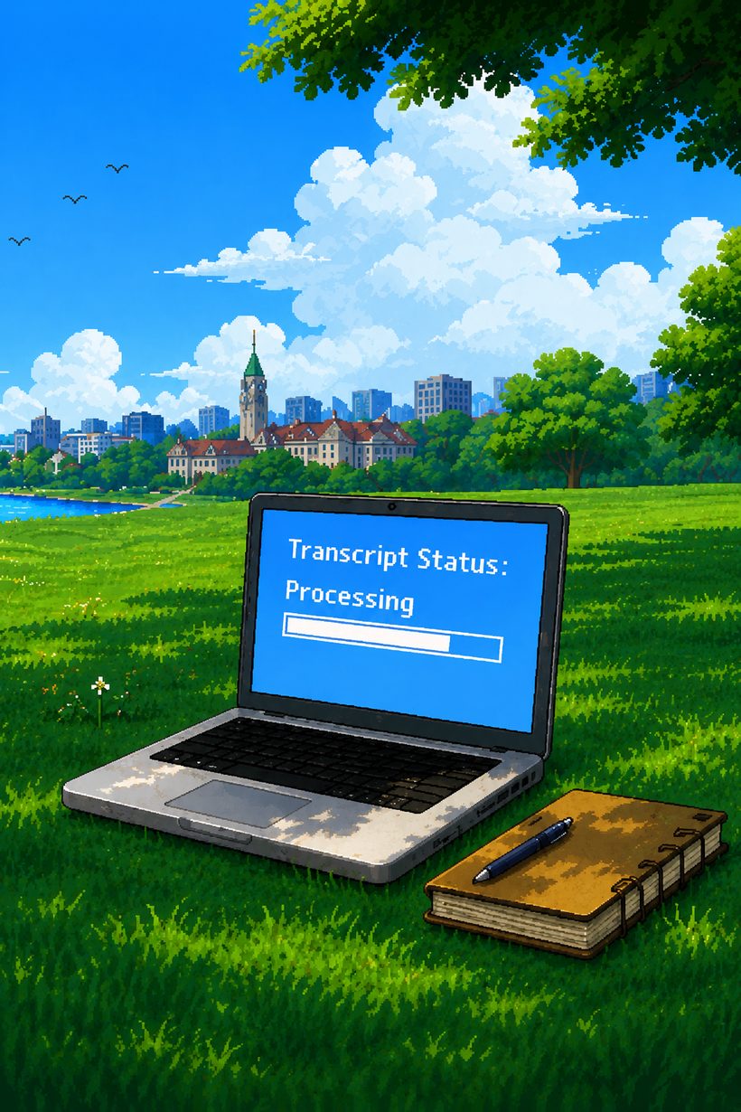 A laptop on a campus lawn showing a transcript being processed.
