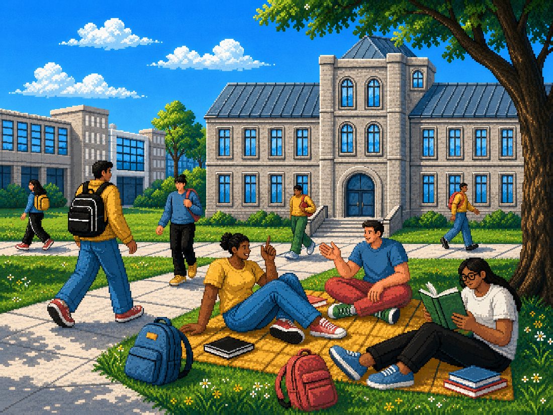 Students sitting and walking on a university campus lawn outside a stone academic building.